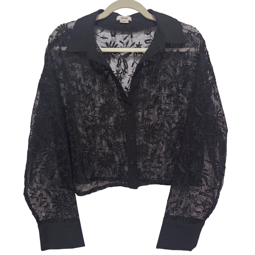 JASON‎ WU Black Floral Lace Cropped Collared Button Up Shirt Top Womens Size L